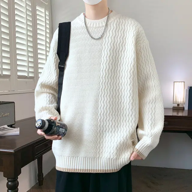 百胜狐 百胜狐加绒男秋冬季薄款粗线男士宽松线衣加厚款潮流上衣针织衫 男款