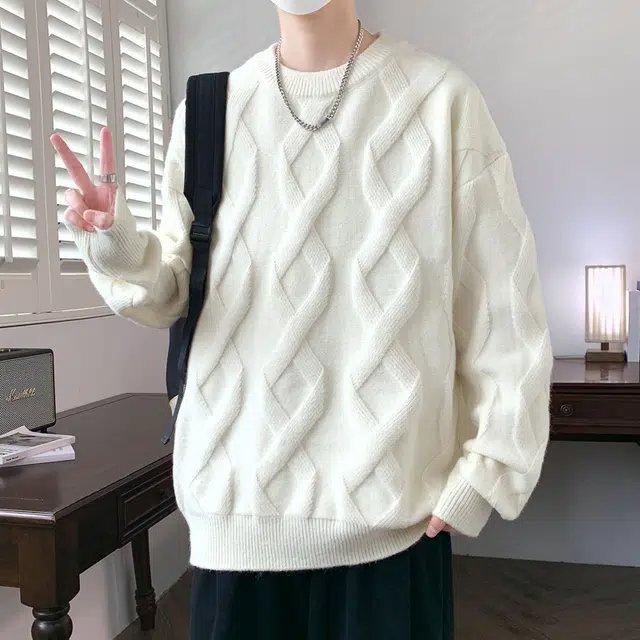 百胜狐 百胜狐美式圆领男秋冬宽松扭花设计感慵懒风百搭套头针织衫 男款