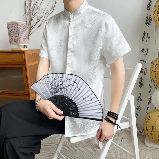 百胜狐 百胜狐国风龙纹图案男夏季短袖唐装中立领衬衣抗皱垂感半袖衬衫 男款