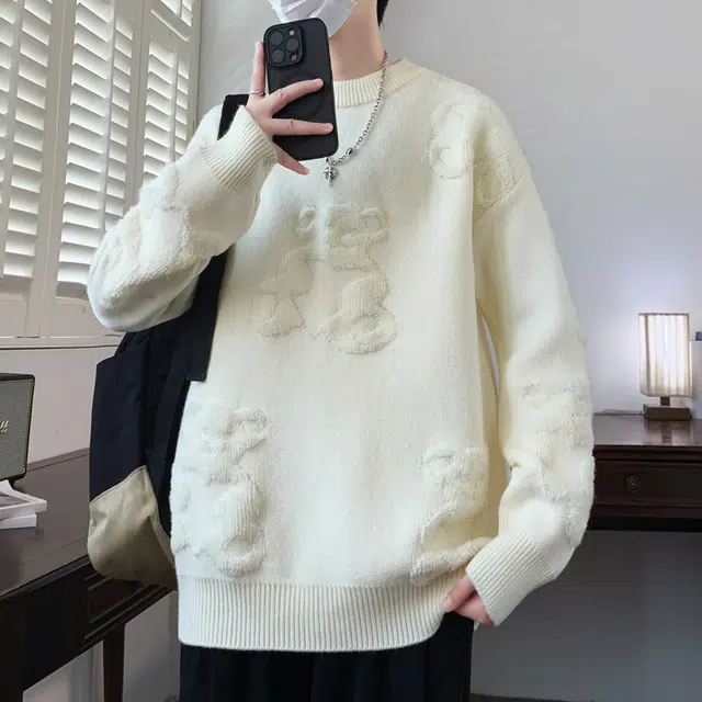百胜狐 百胜狐冬季男厚款时尚百搭绣小熊高品质保暖青少年打底衫针织衫 男款