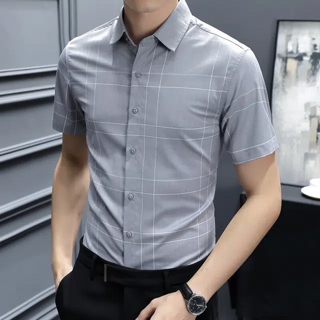 百胜狐 百胜狐夏季男士弹力抗皱竹纤维冰丝高端衬衣青年痞帅潮流上衣短袖衬衫 男款