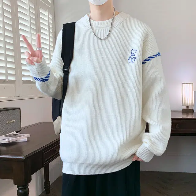 百胜狐 百胜狐纯色秋冬季小熊刺绣潮流男学生加厚慵懒风毛衫上衣针织衫 男款