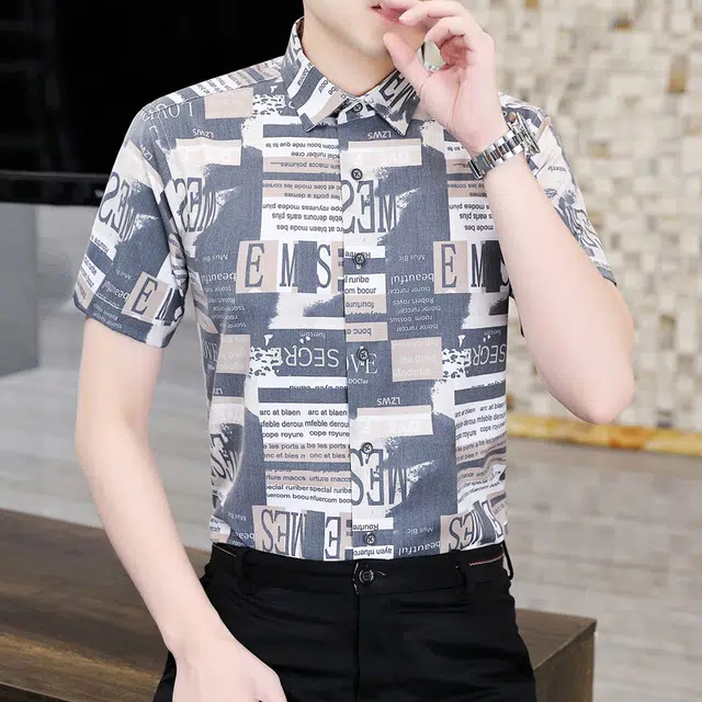 百胜狐 百胜狐夏季男士商务休闲高级感弹力无痕免烫抗皱印花衬衣短袖衬衫 男款