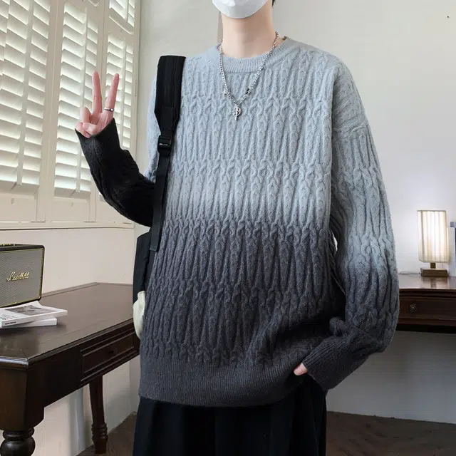 百胜狐 百胜狐渐变色男冬季加厚简约潮男宽松慵懒风套头衫毛线衣外套针织衫 男款