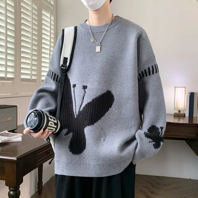百胜狐 百胜狐男秋冬季蝴蝶图案男宽松保暖休闲青少年毛线衣外套针织衫 男款