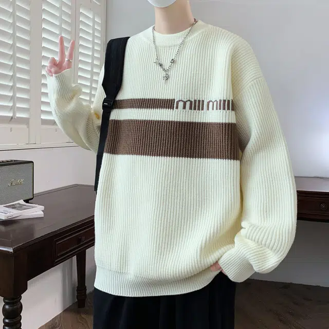 百胜狐 百胜狐男冬季圆领内搭衣服青少年慵懒风保暖冬装打底针织衫 男款