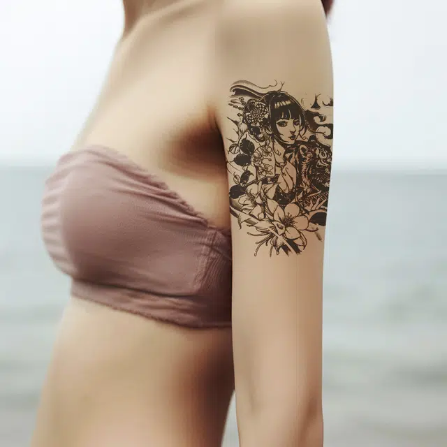 猎己  驭虎少女彩色纹身贴 防水防汗不反光手臂小腿脖子胸口手指满背半甲