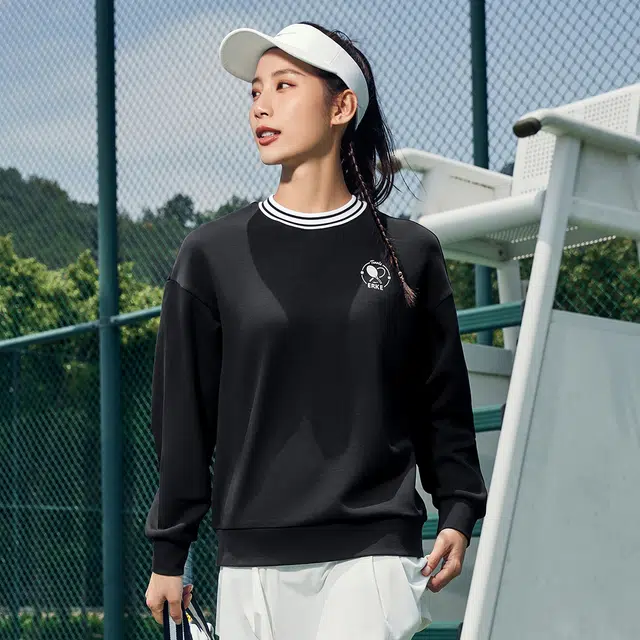 鸿星尔克 网球系列 立型科技 休闲纯色条纹圆领卫衣 女款 正黑