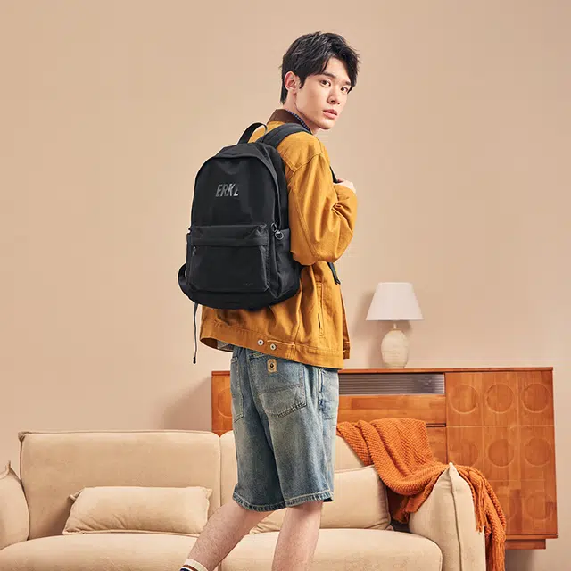 鸿星尔克 品牌徽标 织物 双肩包 男款 黑色