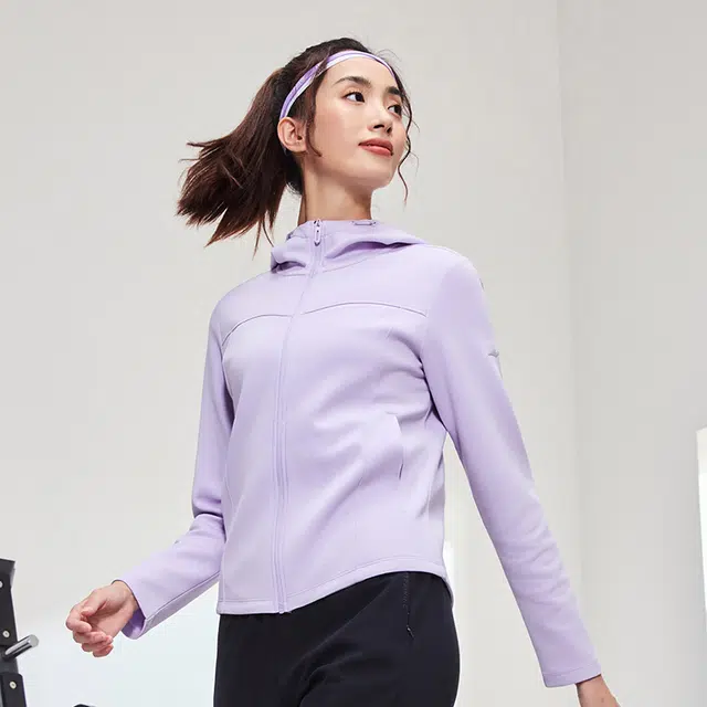 鸿星尔克 综训系列 莫代尔立型科技透气吸湿纯色运动休闲开衫连帽外套卫衣 女款 如梦紫