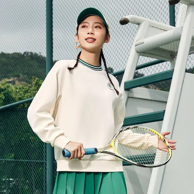 鸿星尔克 网球系列 立型科技 休闲纯色条纹圆领卫衣 女款 冰川白