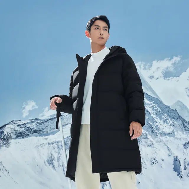鸿星尔克 三防/双重烯能系列 城市户外厚款保暖连帽长款羽绒服 男女同款 正黑