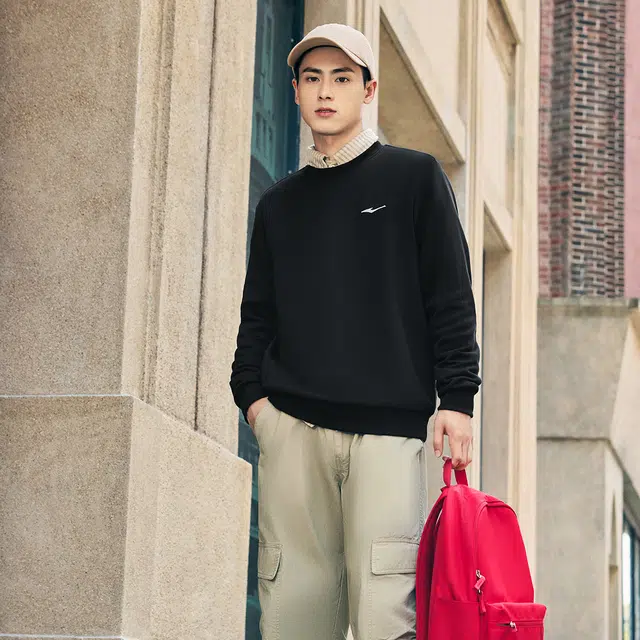 鸿星尔克 综训系列 简约休闲百搭宽松圆领套头加厚运动长袖卫衣 男款