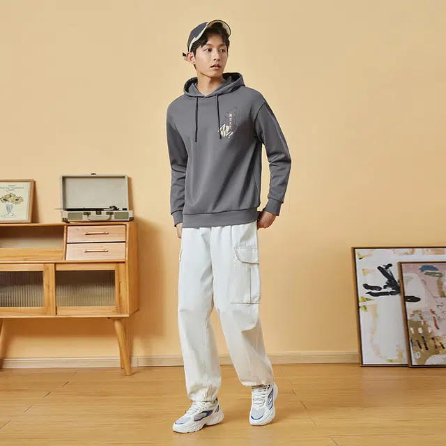 鸿星尔克 生活系列 纯色休闲宽松连帽卫衣 男款 沥青灰