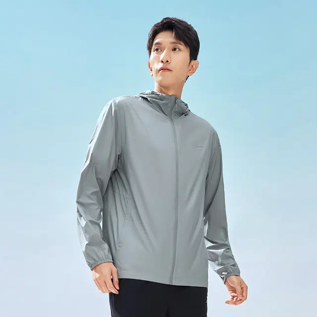 鸿星尔克 综训系列 舒适简约纯色拉链百搭连帽休闲风衣 男款 冰川灰