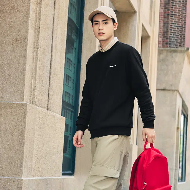 鸿星尔克 综训系列 简约休闲百搭宽松圆领套头加厚运动长袖卫衣 男款