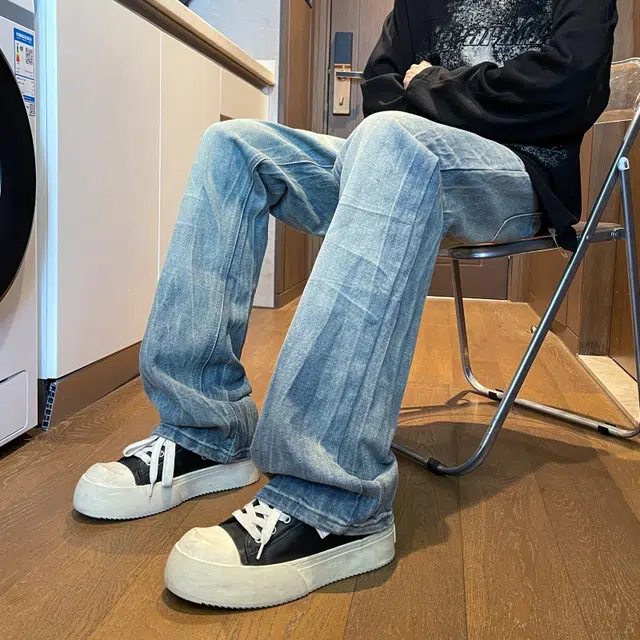 宝米卡 高街宽松时尚直筒美式复古潮牌休闲长裤阔腿弯刀裤磨白作旧水洗裤子牛仔裤 男女同款