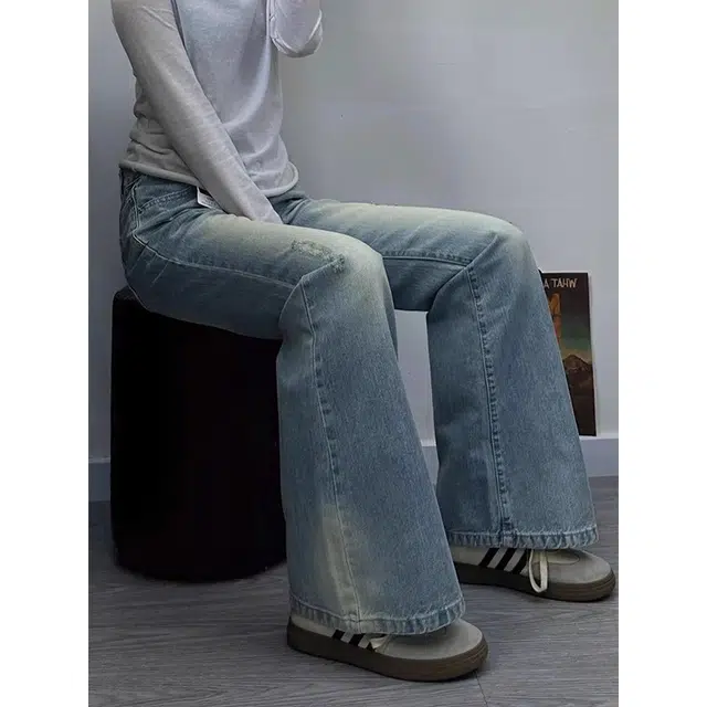 宝米卡 复古浅蓝色蕾丝拼接微喇显瘦直筒马蹄长裤子牛仔裤 男女同款