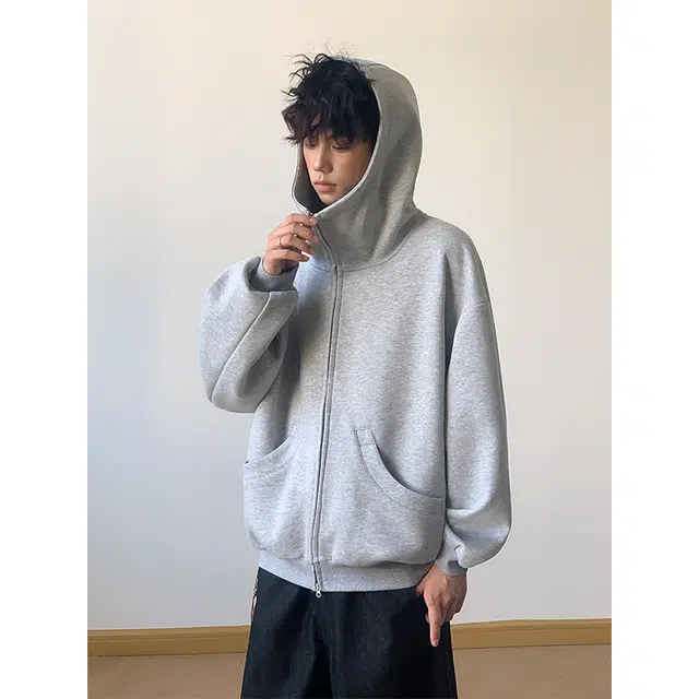 宝米卡 美式高街纯色高领拉链连帽秋季慵懒风宽松休闲运动外套卫衣 男女同款