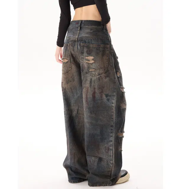 宝米卡 巴黎风格美式复古破洞宽松直筒阔腿长裤子牛仔裤 男女同款