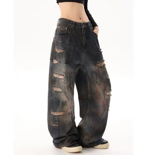 宝米卡 巴黎风格美式复古破洞宽松直筒阔腿长裤子牛仔裤 男女同款