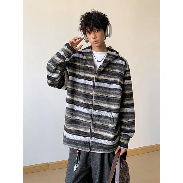 宝米卡 美式复古条纹连帽秋季慵懒宽松高级感毛呢帽衫外套卫衣 男款