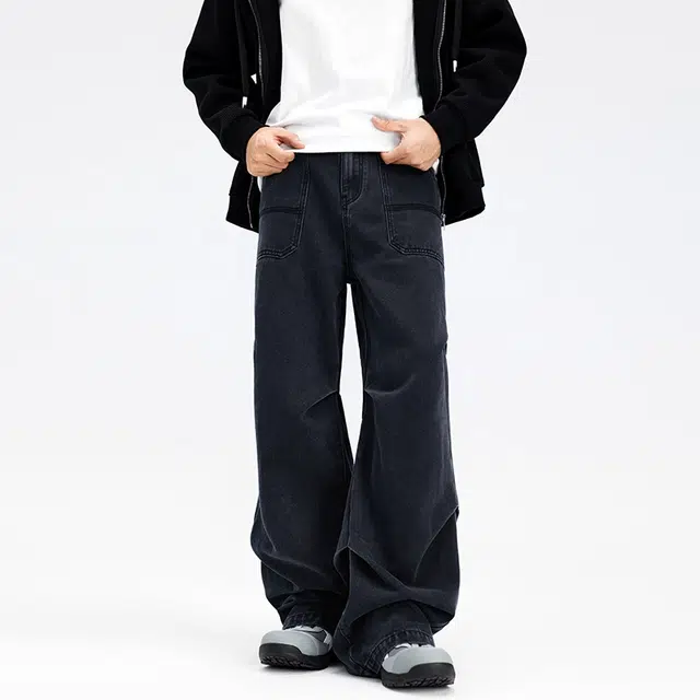 宝米卡 宽松阔腿褶皱水洗工装设计感牛仔裤 男女同款