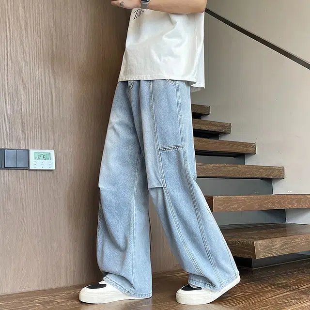 宝米卡 美式廓形复古宽松水洗做旧休闲直筒褶皱弯刀阔腿裤牛仔裤 男女同款