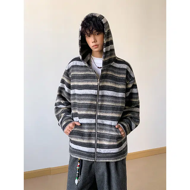 宝米卡 美式复古条纹连帽秋季慵懒宽松高级感毛呢帽衫外套卫衣 男款
