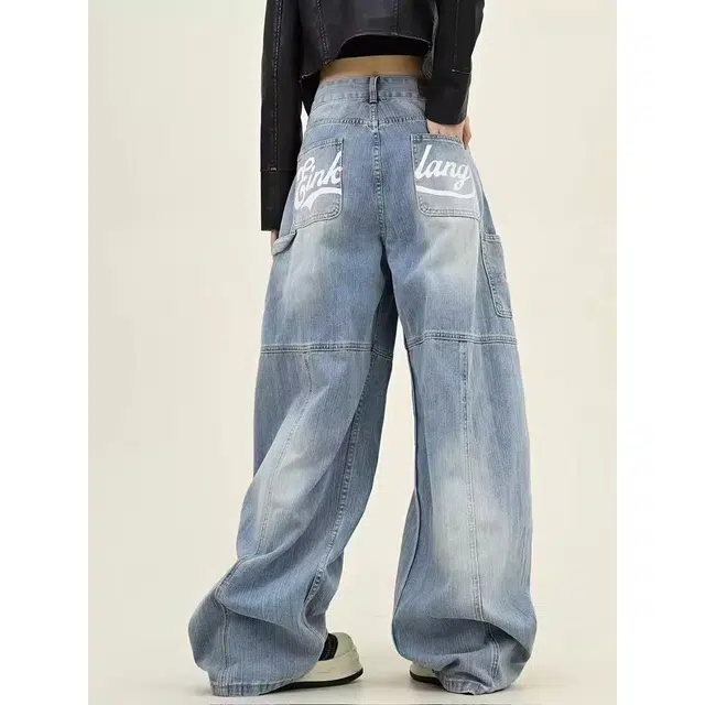 宝米卡 美式复古时尚水洗做旧印花秋季宽松阔腿弯刀长裤子牛仔裤 男女同款