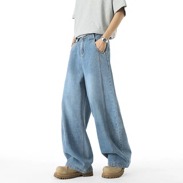 宝米卡 高街复古弯刀作旧水洗裤子直筒宽松痞帅时尚潮牌阔腿休闲长裤牛仔裤 男女同款