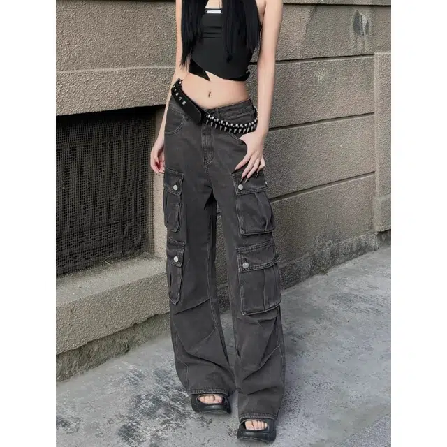 宝米卡 街头美式多口袋小众复古阔腿工装裤情侣拖地裤牛仔裤 男女同款