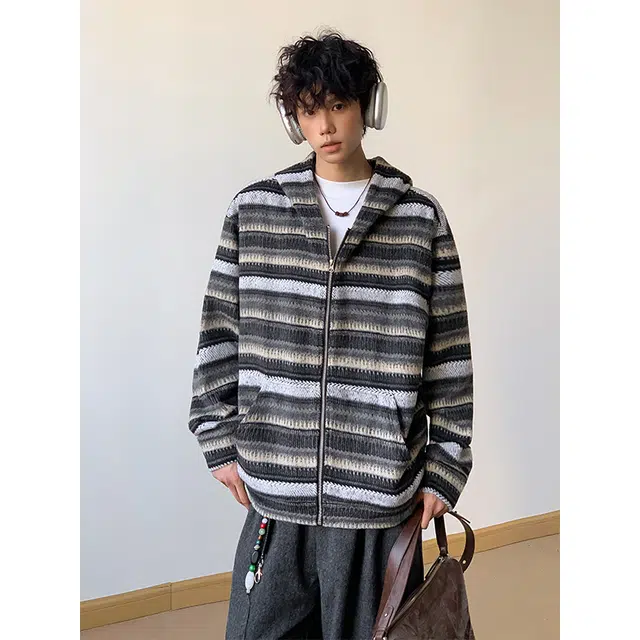 宝米卡 美式复古条纹连帽秋季慵懒宽松高级感毛呢帽衫外套卫衣 男款