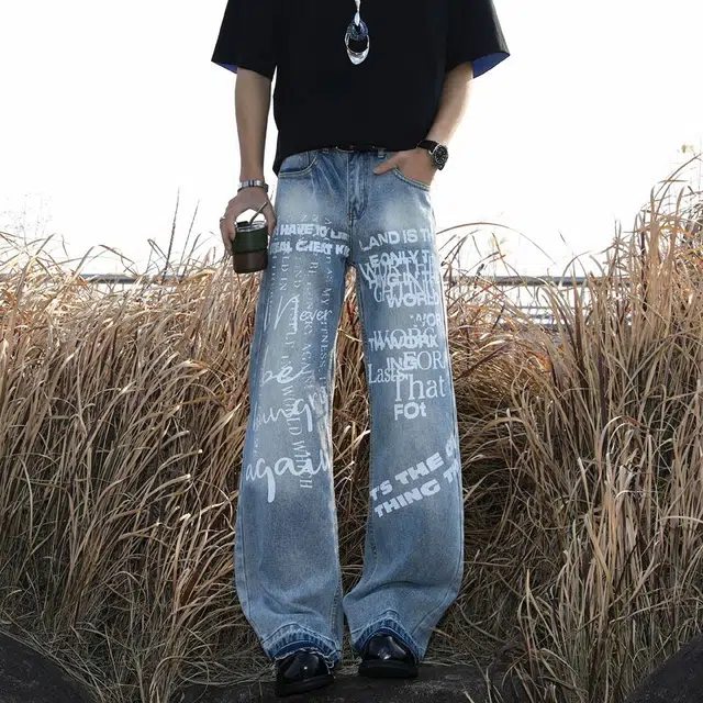 宝米卡 美式高街印花裤子潮牌痞帅牛仔裤 男女同款 蓝色