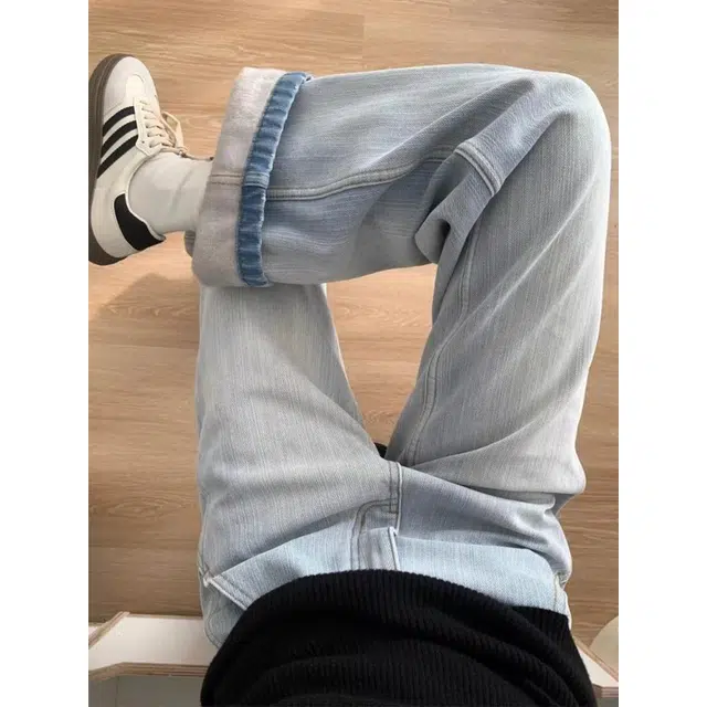 宝米卡 蓝色加绒直筒秋冬高腰阔腿拖地裤牛仔裤 男女同款