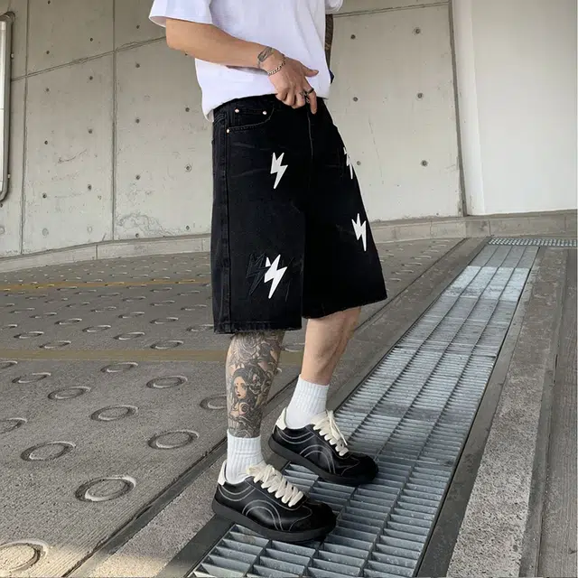 宝米卡 美式贴皮闪电五分裤潮牌高街宽松直筒潮流牛仔短裤 男女同款
