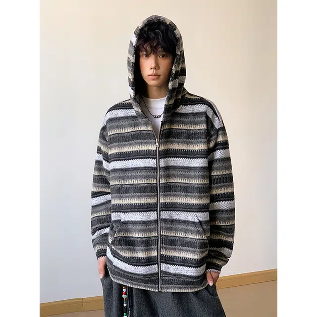 宝米卡 美式复古条纹连帽秋季慵懒宽松高级感毛呢帽衫外套卫衣 男款
