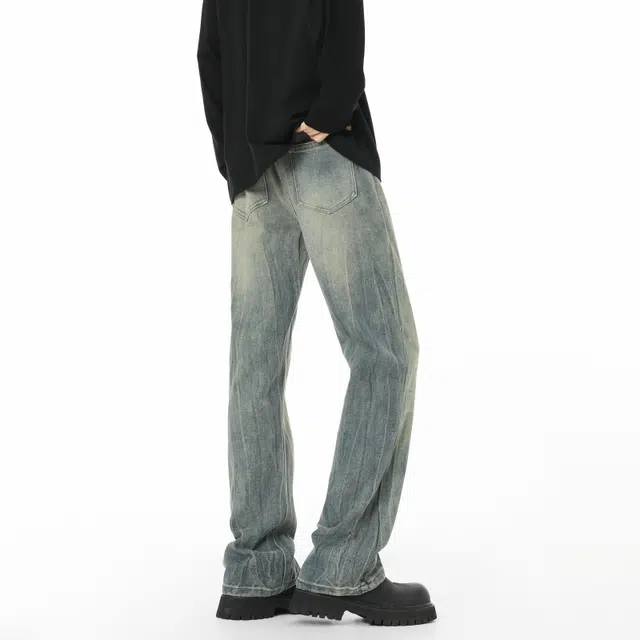 宝米卡 宽松直筒美式复古潮牌休闲长裤阔腿弯刀裤时尚磨白作旧水洗裤子牛仔裤 男女同款