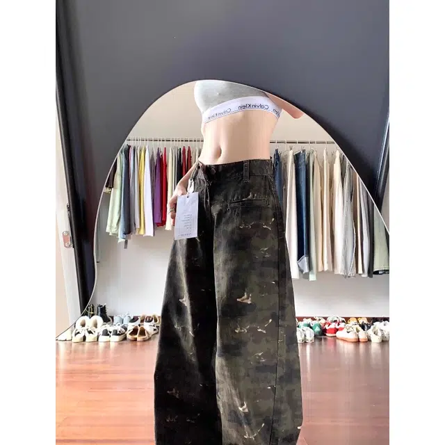 宝米卡 迷彩直筒秋季美式工装裤显瘦宽松阔腿拖地裤牛仔裤 男女同款