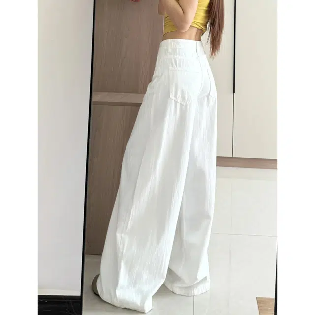 宝米卡 白色纹理褶皱阔腿夏季薄款高腰宽松遮肉显瘦垂感拖地裤子牛仔裤 男女同款