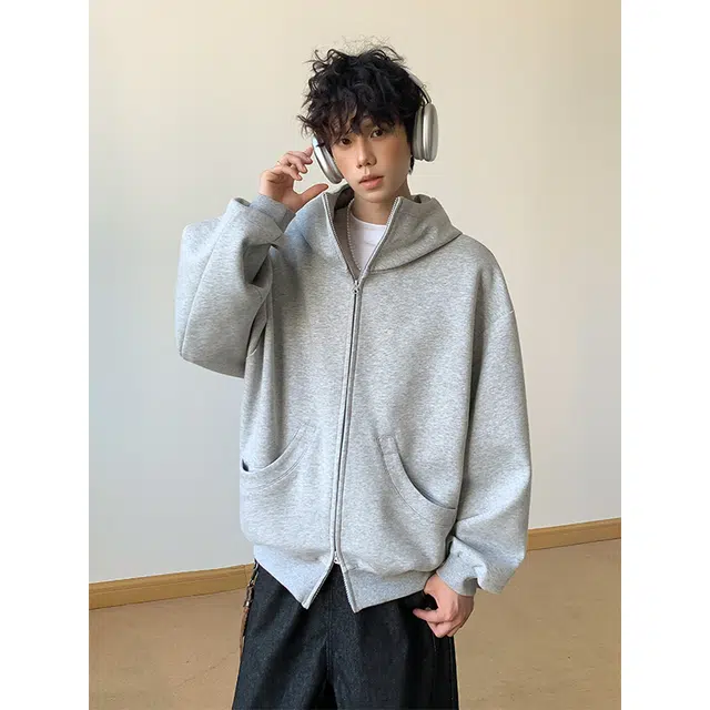 宝米卡 美式高街纯色高领拉链连帽秋季慵懒风宽松休闲运动外套卫衣 男女同款