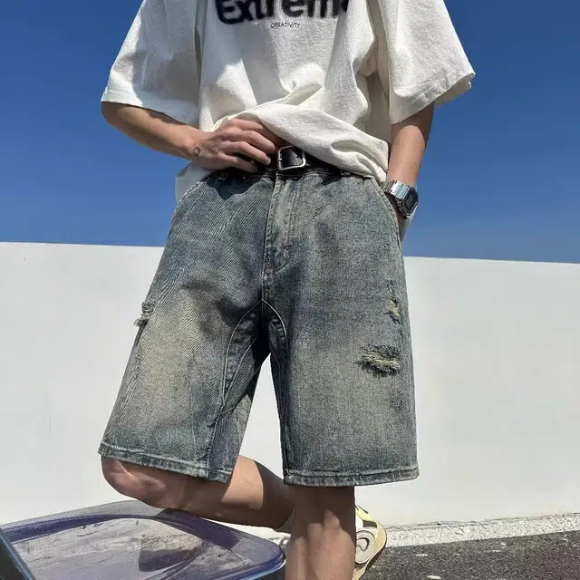 宝米卡 美式破洞裤子穿搭裤子潮牌痞帅外穿宽松五分裤牛仔短裤 男女同款