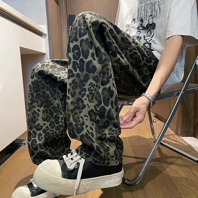 宝米卡 美式豹纹裤子初秋薄款宽松直筒长裤休闲时尚潮牌复古高街阔腿裤百搭牛仔裤 男女同款