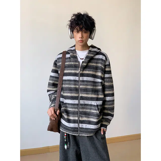 宝米卡 美式复古条纹连帽秋季慵懒宽松高级感毛呢帽衫外套卫衣 男款