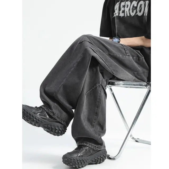 宝米卡 潮牌美式直筒休闲水洗复古宽松褶皱阔腿长裤子春秋款牛仔裤 男女同款