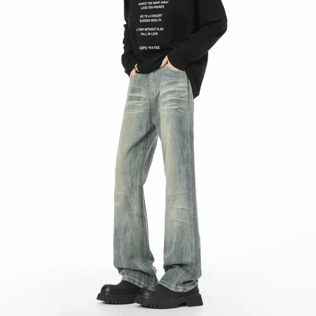 宝米卡 宽松直筒美式复古潮牌休闲长裤阔腿弯刀裤时尚磨白作旧水洗裤子牛仔裤 男女同款