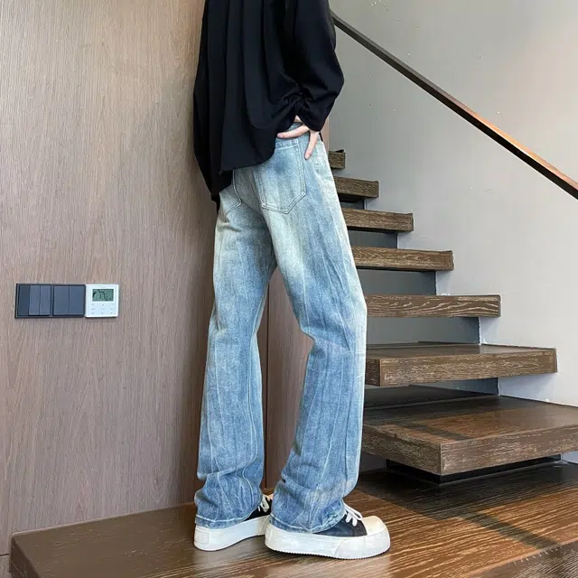 宝米卡 高街宽松直筒美式复古潮牌休闲长裤阔腿弯刀裤时尚磨白作旧水洗裤子牛仔裤 男女同款