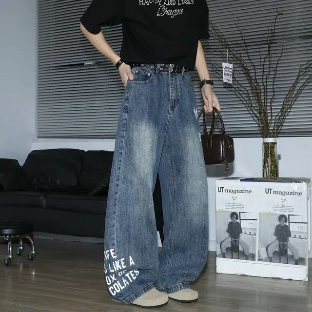 宝米卡 复古美式直筒水洗时尚舒适百搭潮流宽松牛仔裤 男女同款 蓝色