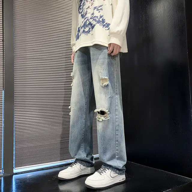 宝米卡 破洞宽松直筒休闲痞帅阔腿拖地长裤牛仔裤 男女同款