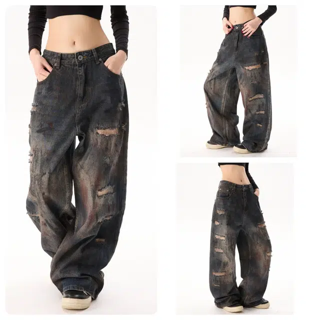 宝米卡 巴黎风格美式复古破洞宽松直筒阔腿长裤子牛仔裤 男女同款
